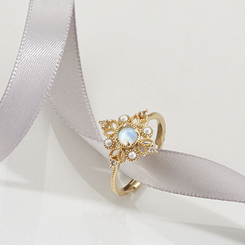 JaiDee Grace Vintage Openwork Pearl Ring with Natural Moonstone
