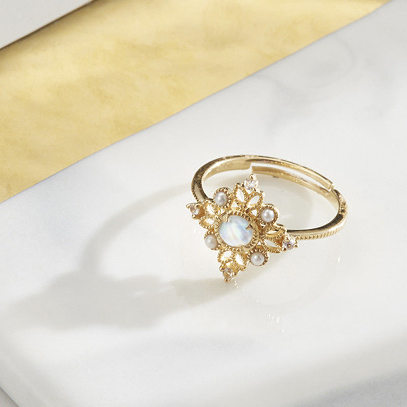 JaiDee Grace Vintage Openwork Pearl Ring with Natural Moonstone