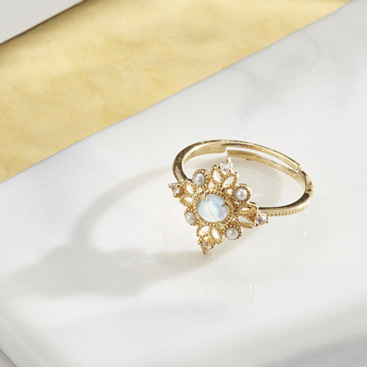 JaiDee Grace Vintage Openwork Pearl Ring with Natural Moonstone