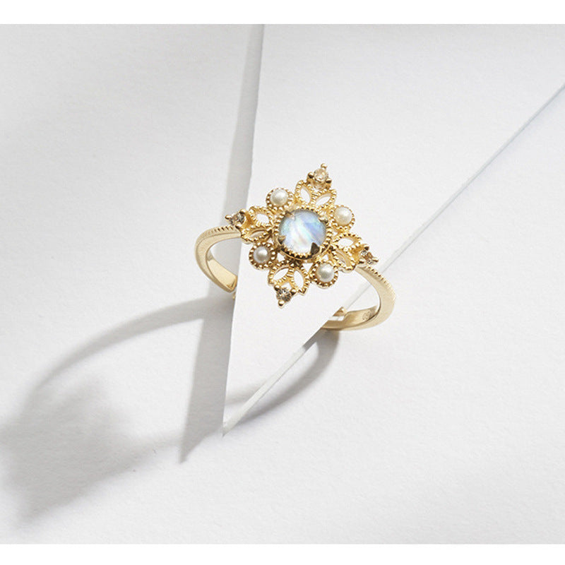 JaiDee Grace Vintage Openwork Pearl Ring with Natural Moonstone