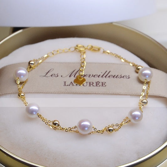 JaiDee Grace 18K Gold Seawater Pearl Bracelet, Adjustable Double-Layer Elegance